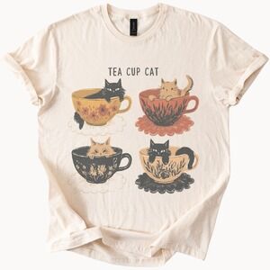 Tea Cup Cat Graphic Tee Whimsical Illustration Natural